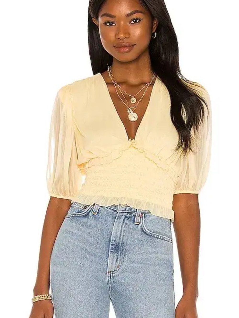 MAJORELLE Pale Yellow Sheer Smocked Waist Blouse